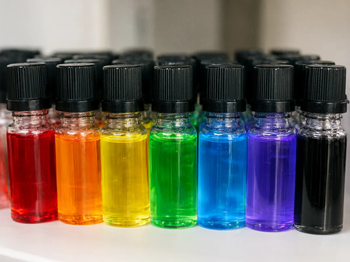 Rows of small tattoo ink bottles in red, orange, yellow, green, blue, violet and black