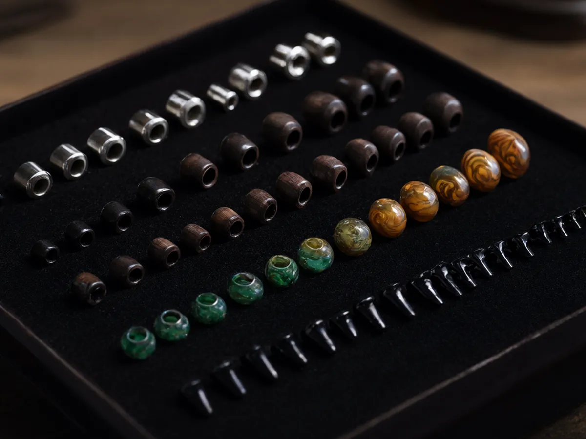 Steel tunnels, wooden and stone plugs and black tapers in rows on black velvet
