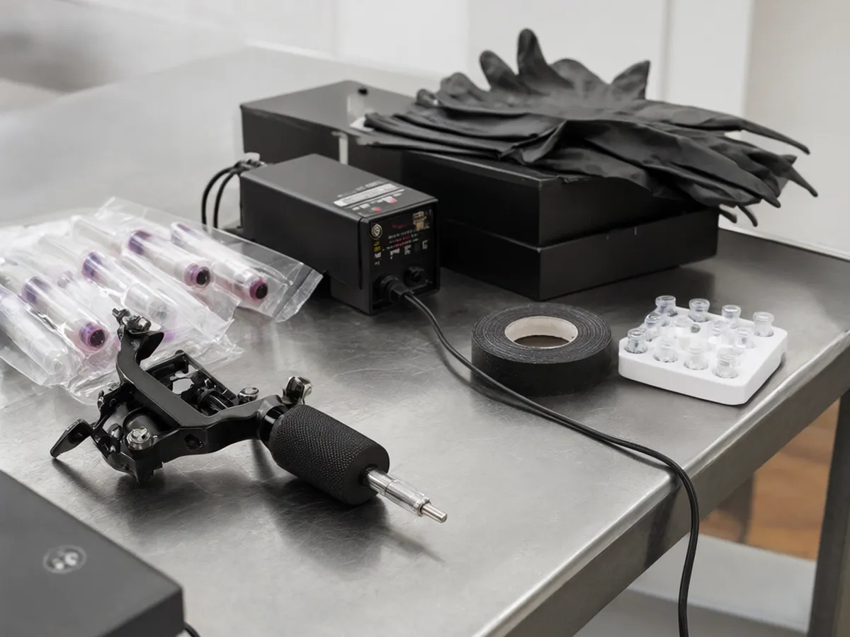 A tattoo machine, a power supply, sealed needle cartridges, gloves and grip tape on a steel counter